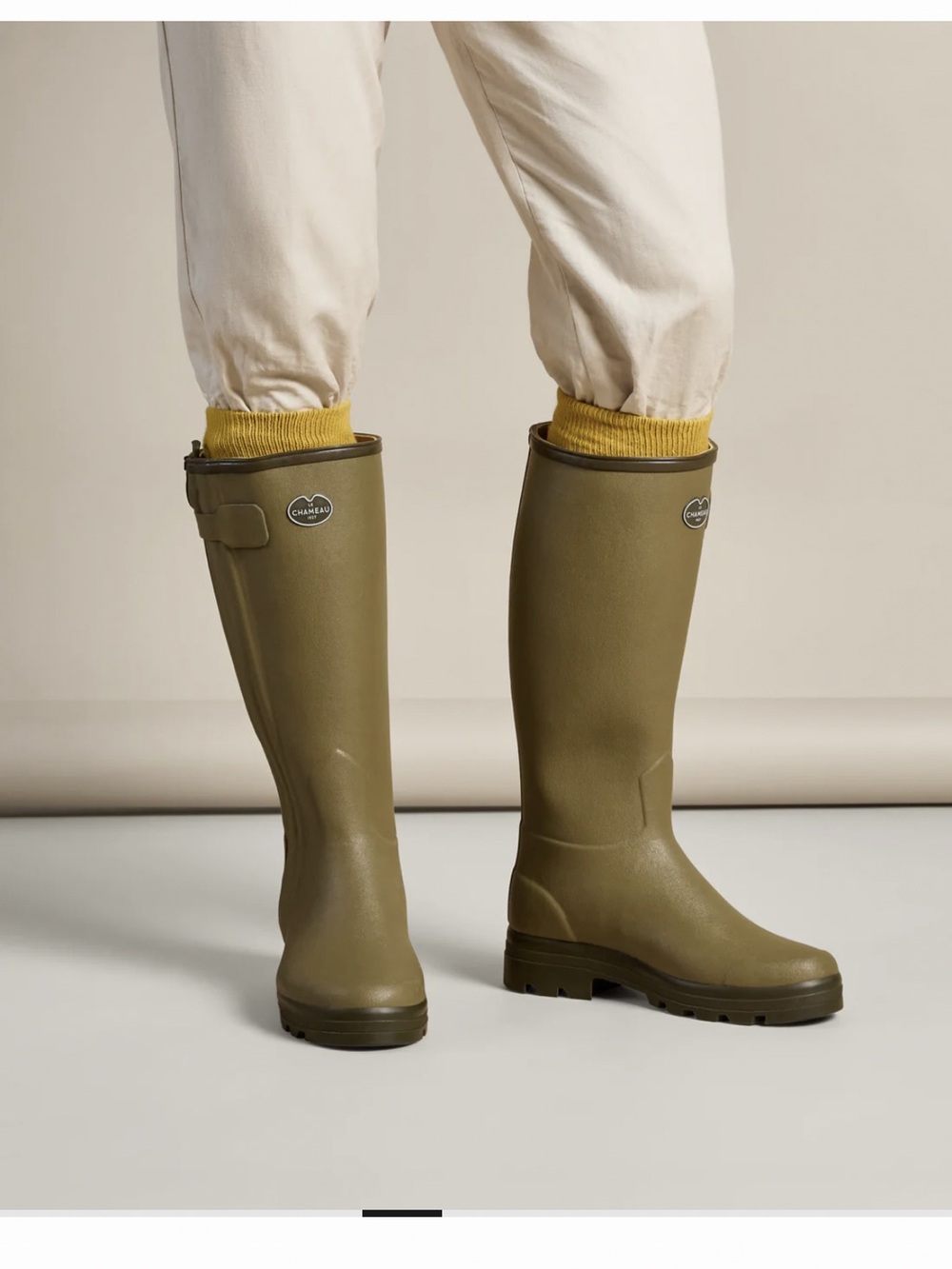 Le Chameau Men's Chasseur leather lined  tall rubber boots, olive green